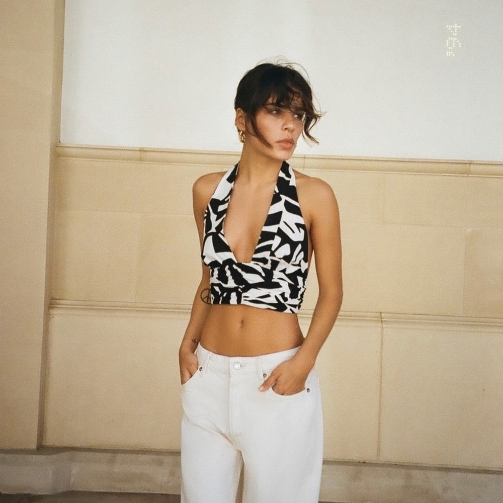 Zara LINEN BLEND PRINTED CROP TOP Black / White